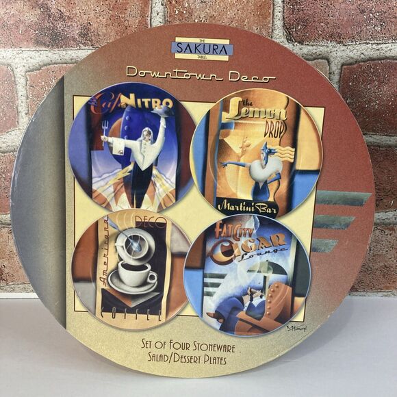 Set Of 4 Sakura Downtown Deco Stoneware Stoneware Salad‎ Dessert Plates NIB - Picture 2 of 9